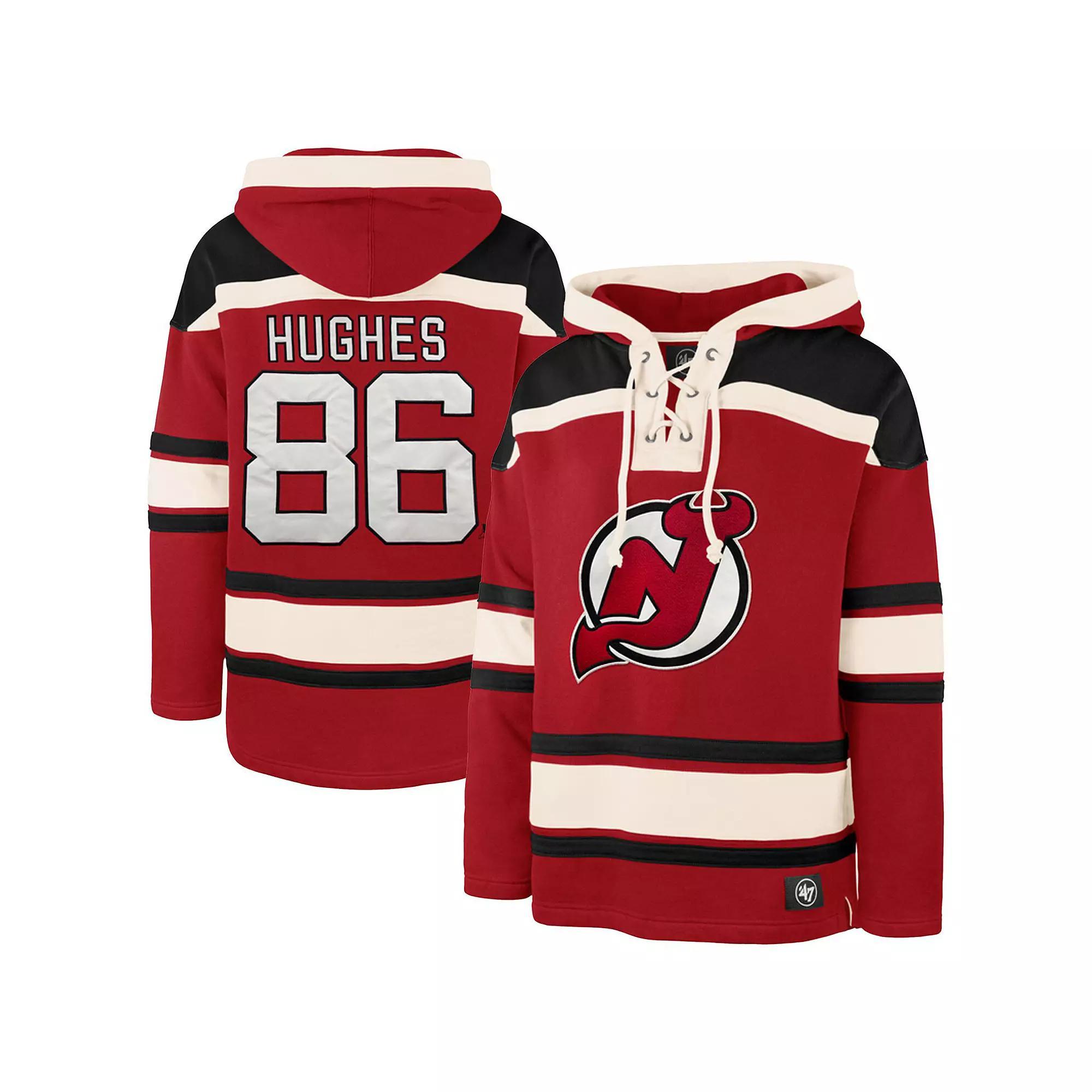 Men's '47 Jack Hughes Red New Jersey Devils Big & Tall Lace-up Pullover Hoodie, Size: 3XB, Nhl Red Product Image