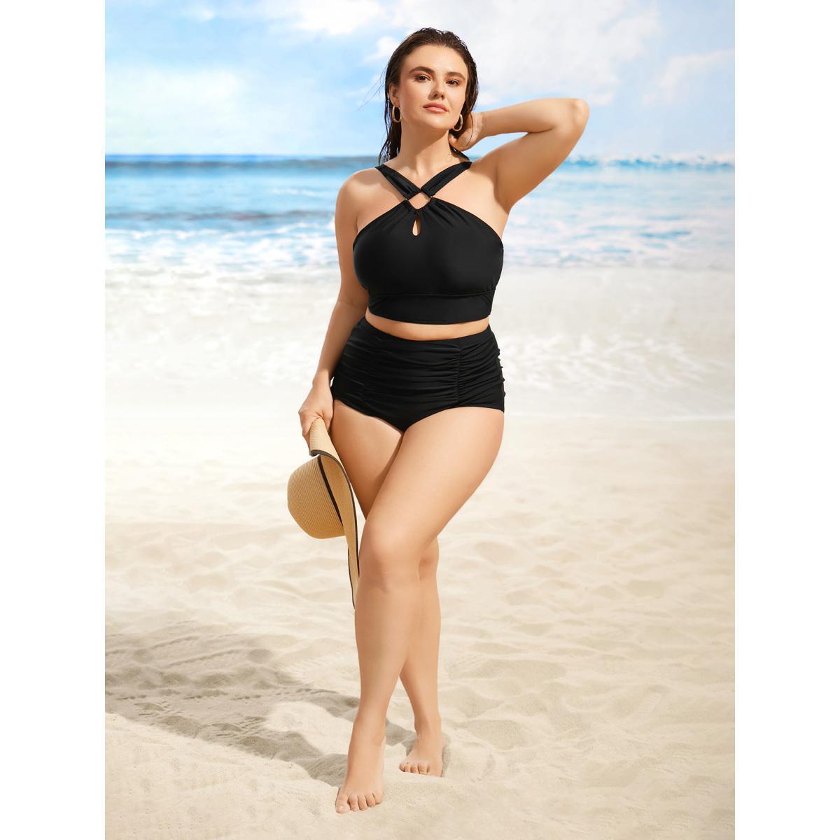 Plus Size Asymmetrical Neck Cut Out Gathered Swim Top Women's Swimwear Black Beach Cut-Out High stretch Skinny Asymmetrical Neck Curve Swim Tops BloomChic 30/6X Product Image