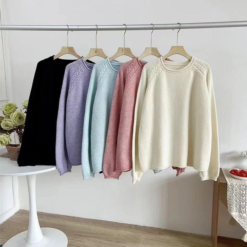 Long-Sleeve Round Neck Plain Sweater Product Image