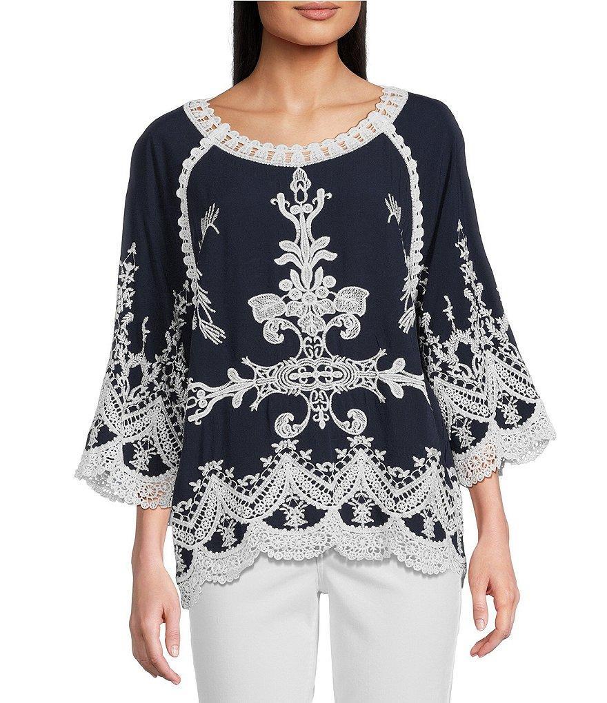 Leo & Nicole Woven Embroidered Scalloped Lace Trim Scoop Neck 3/4 Sleeve Top Product Image