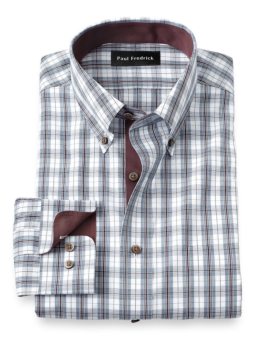 Non-Iron Cotton Plaid Dress Shirt With Contrast Trim - Teal Product Image