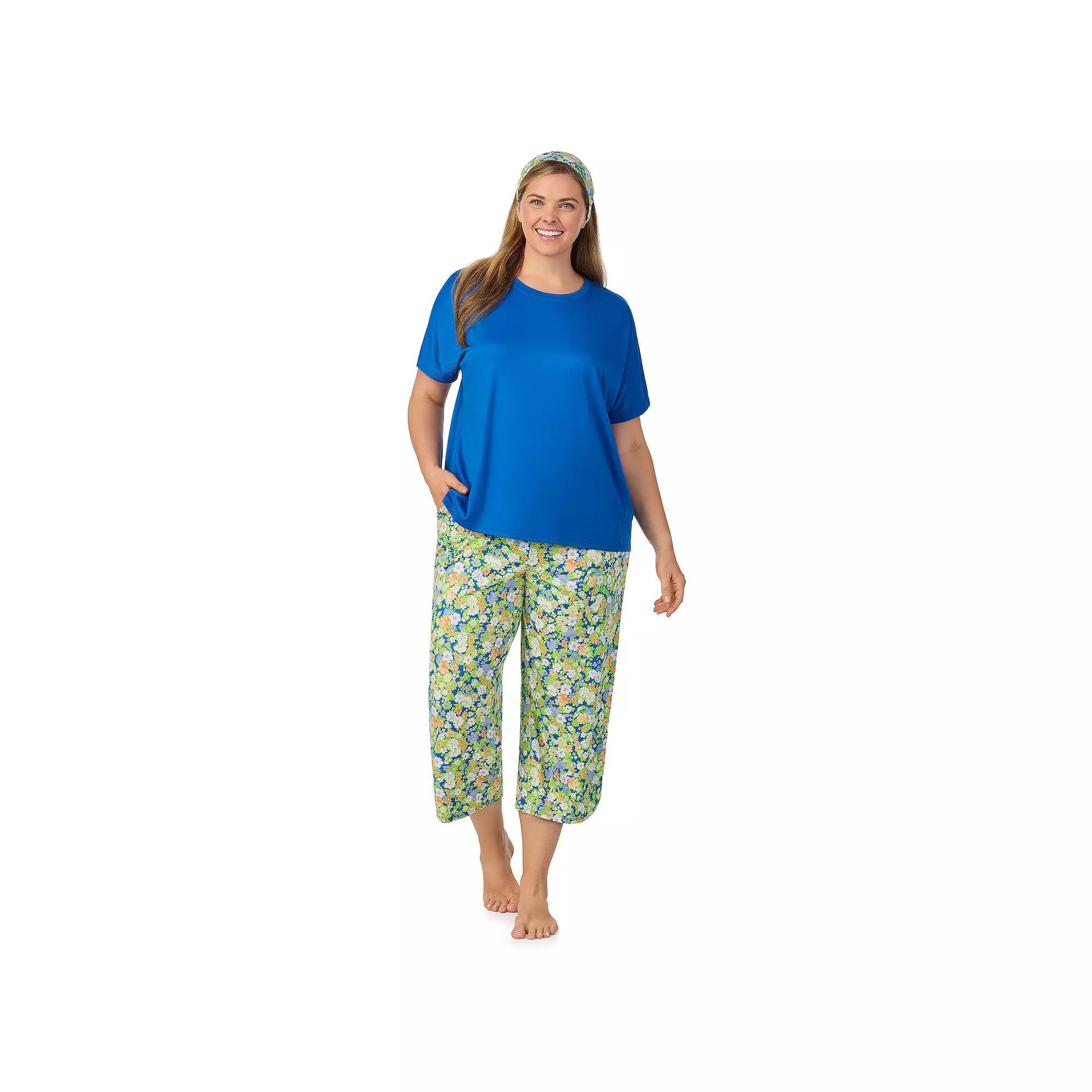 Plus Size Cuddl Duds® 2-pc. Pajama Crewneck Top & Pajama Capri Pants Set with Matching Headband, Women's, Size: 3XL, Blue Ditsy Product Image