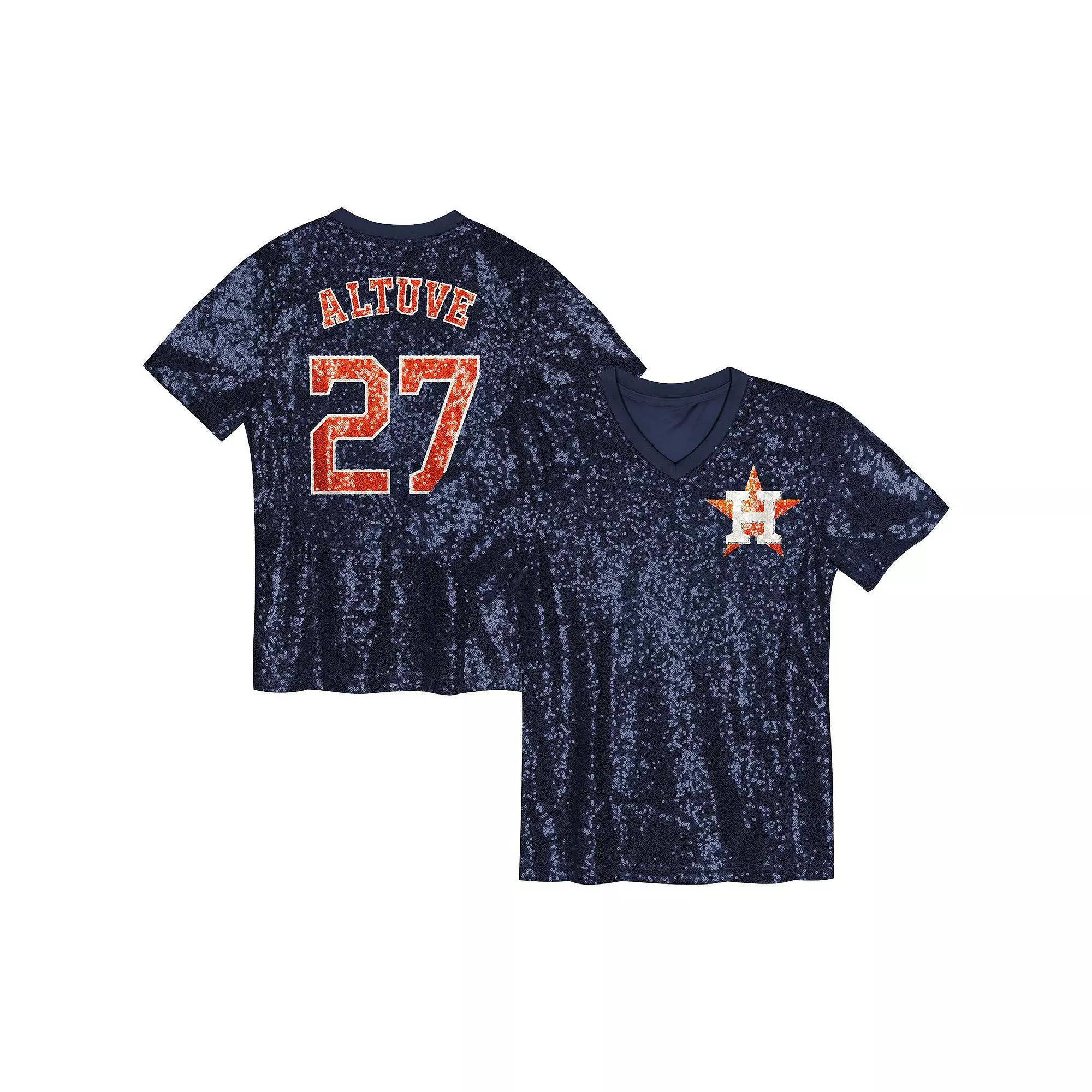 Juniors Jose Altuve Navy Houston Astros Name & Number Sequin V-Neck Top, Women's, Size: JR Medium, Blue Product Image