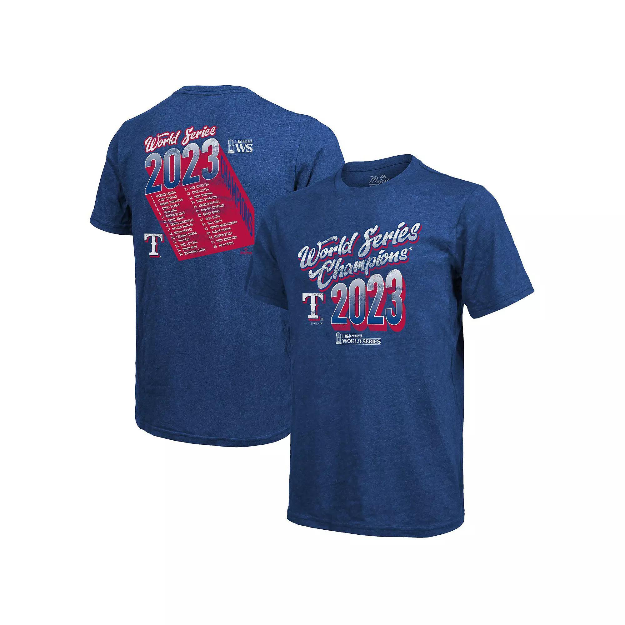 Men's Majestic Threads  Royal Texas Rangers 2023 World Series Champions Life Of The Party Tri-Blend Roster T-Shirt, Size: 3XL, Blue Product Image