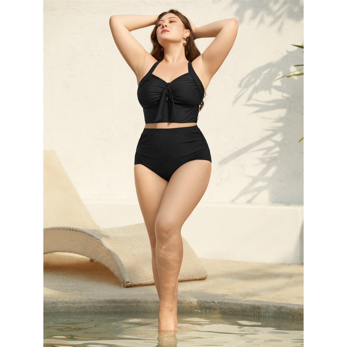 Plus Size Bow-Tie Adjustable Front Ruched Swim Top Women's Swimwear Black Beach Gathered High stretch Skinny Heart neckline Curve Swim Tops BloomChic 30/6X Product Image