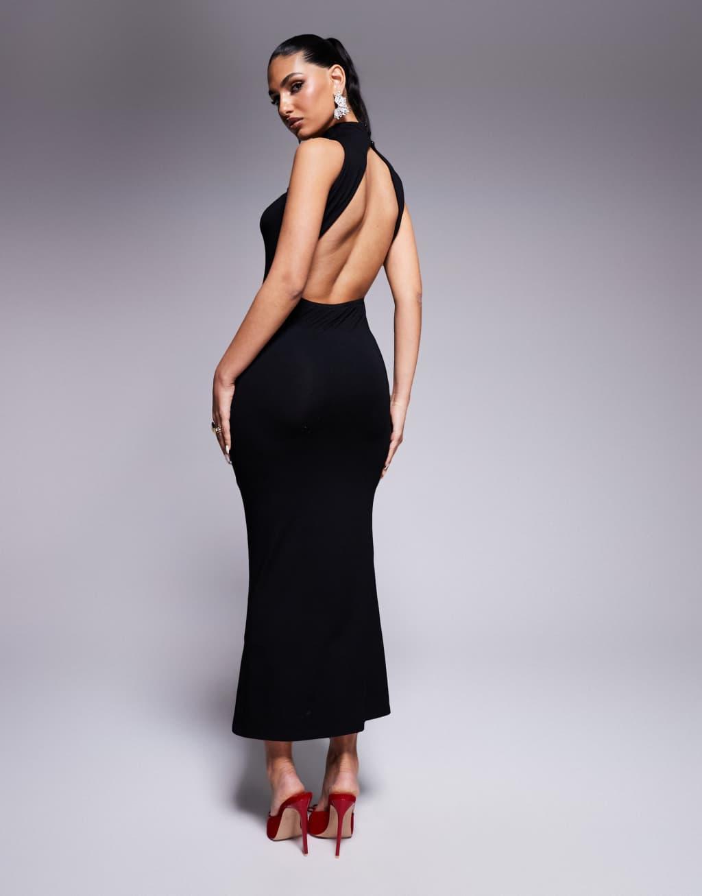 ASOS DESIGN high twist neck halter midi dress with open back in black Product Image
