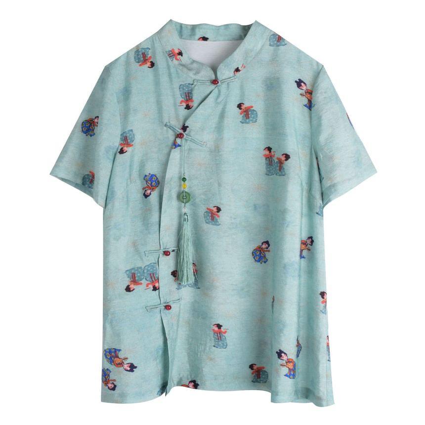 Plus Size Short-Sleeve Stand Collar Patterned Tassel Frog Buttoned Blouse / Elastic Waist Wide Leg Shorts Product Image