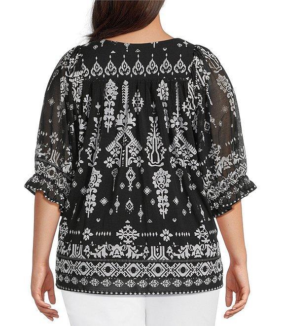 Calessa Plus Size Mesh Knit Abstract Mosaic Square Neck Elbow Puff Sleeve Blouse Product Image