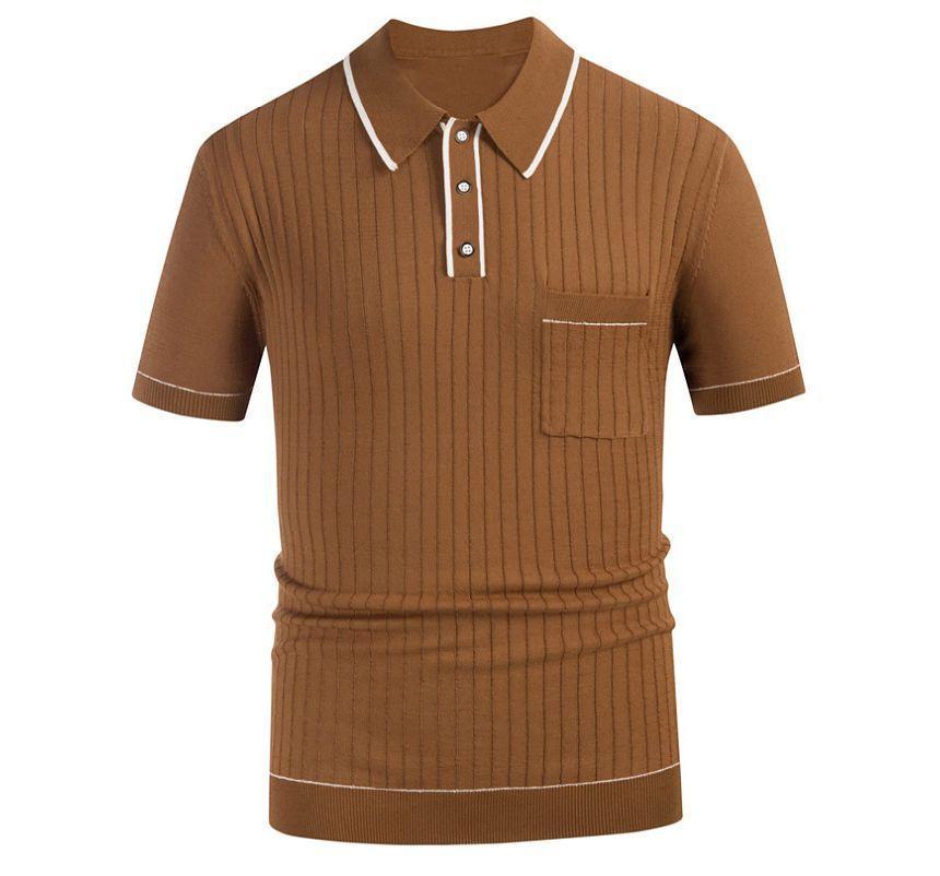 Short-Sleeve Contrast Trim Ribbed Knit Polo Shirt Product Image