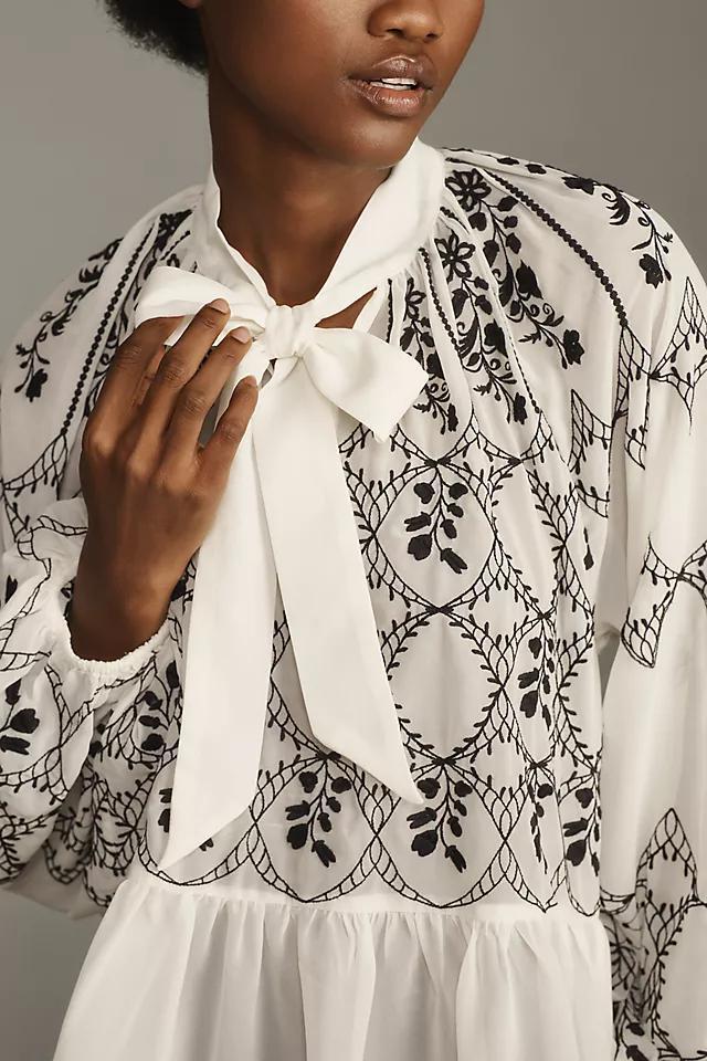 By Anthropologie Long-Sleeve Tie-Neck Embroidered Blouse Product Image