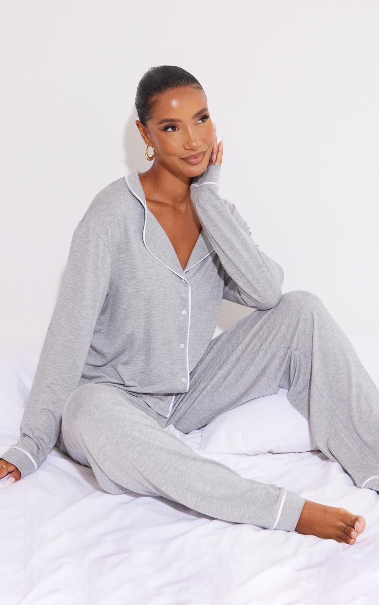 Grey Jersey Piping Detail Long PJ Set Product Image