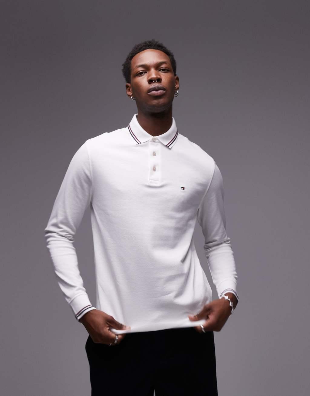 Tommy Hilfiger tipped long sleeve polo shirt in white Product Image