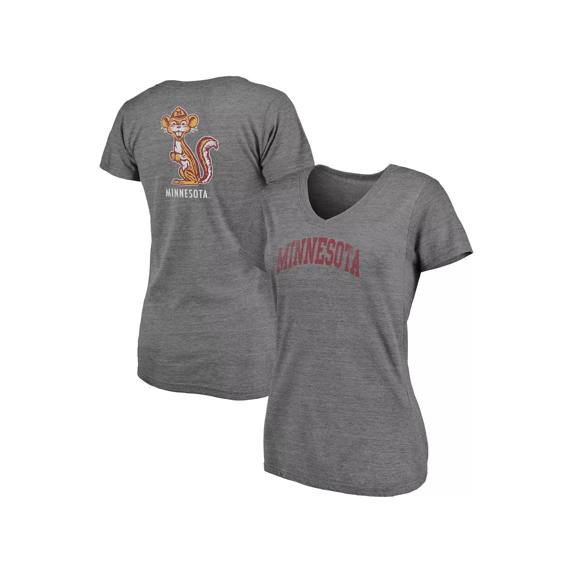 Women's Fanatics Branded Heathered Gray Minnesota Golden Gophers Slab Serif 2-Hit V-Neck Tri-Blend T-Shirt,  Product Image