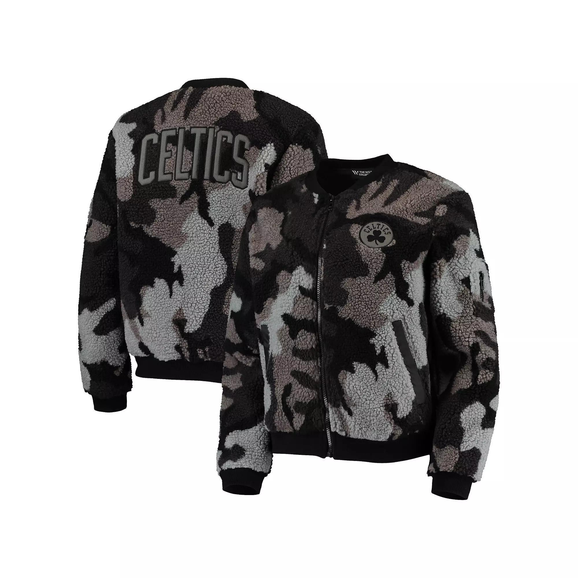 Women's The Wild Collective Black Boston Celtics Camo Sherpa Full-Zip Bomber Jacket, Size: Large Product Image