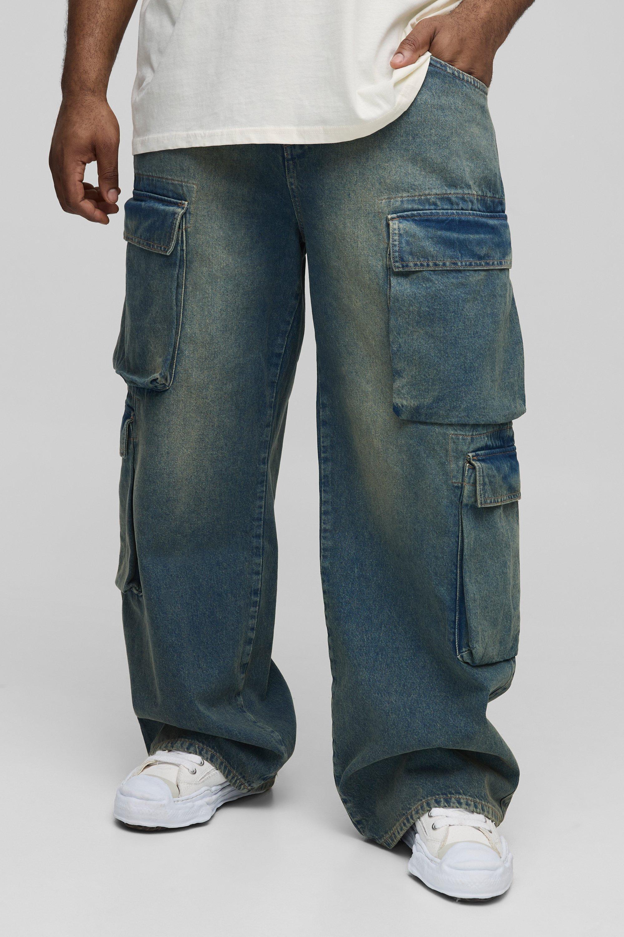 Plus Bellow Cargo Pocket Relaxed Fit Jeans | boohooMAN USA Product Image