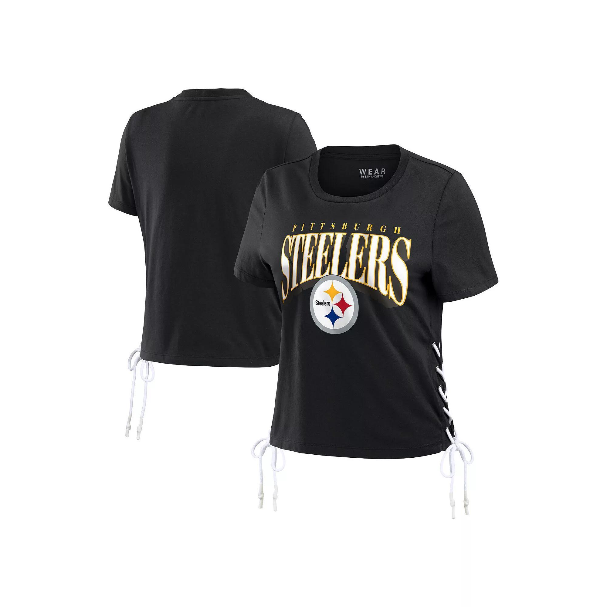 Women's WEAR by Erin Andrews Black Pittsburgh Steelers Lace Up Side Modest Cropped T-Shirt,  Product Image