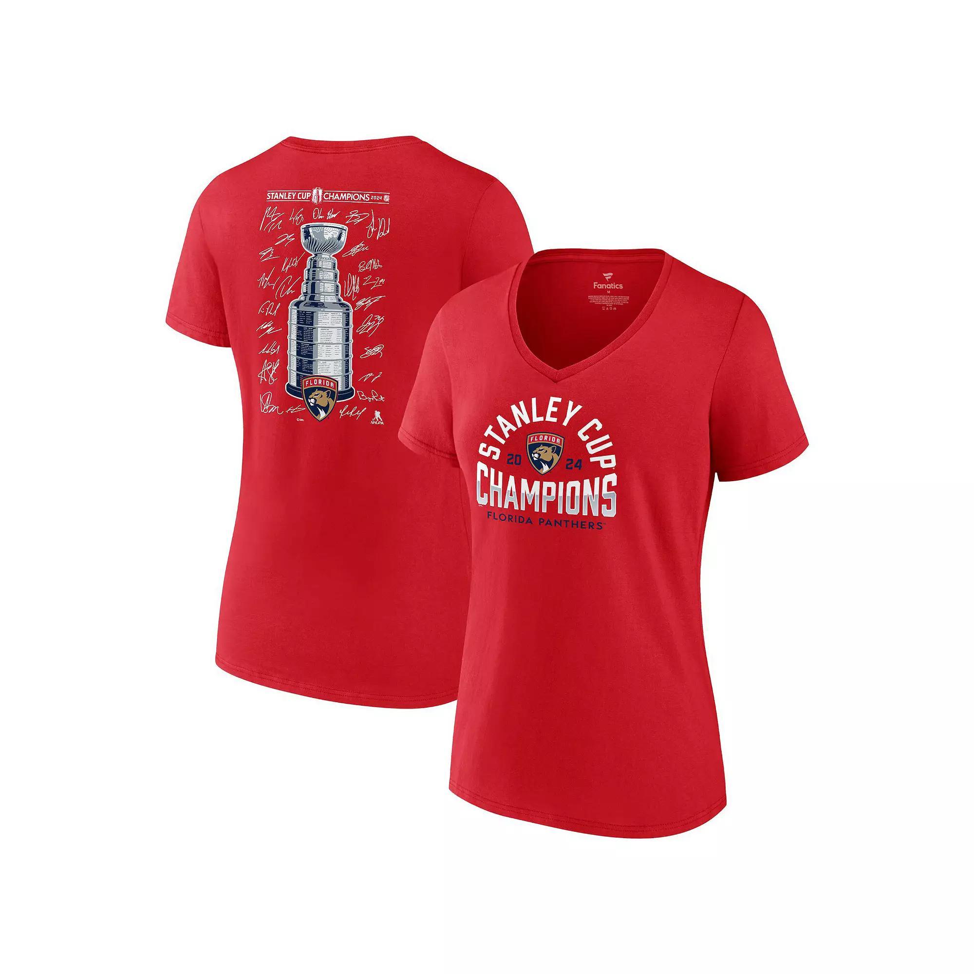 Women's Fanatics  Red Florida Panthers 2024 Stanley Cup Champions Signature Roster V-Neck T-Shirt, Size: Large, Pnt Red Product Image