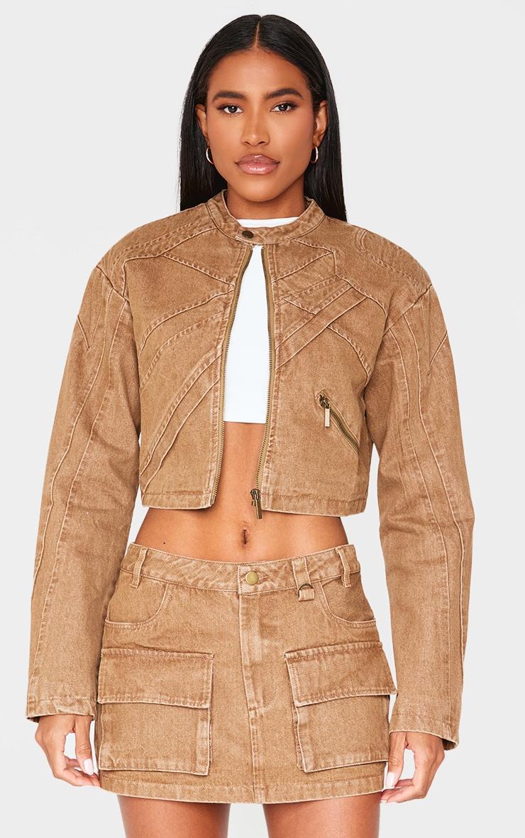 Brown Seam Detail Shoulder Padded Racer Cropped Denim Jacket Product Image