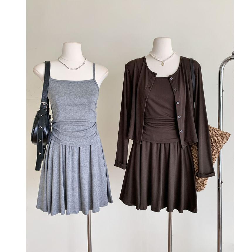 Set: Plain Cardigan + Cami Top + Mini A-Line Skirt Product Image