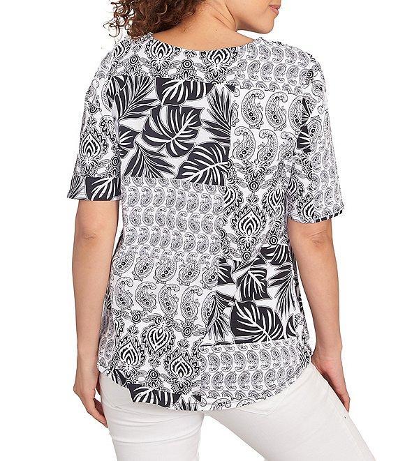 Ruby Rd. Knit Patchwork Split V-Neck Short Sleeve Top Product Image