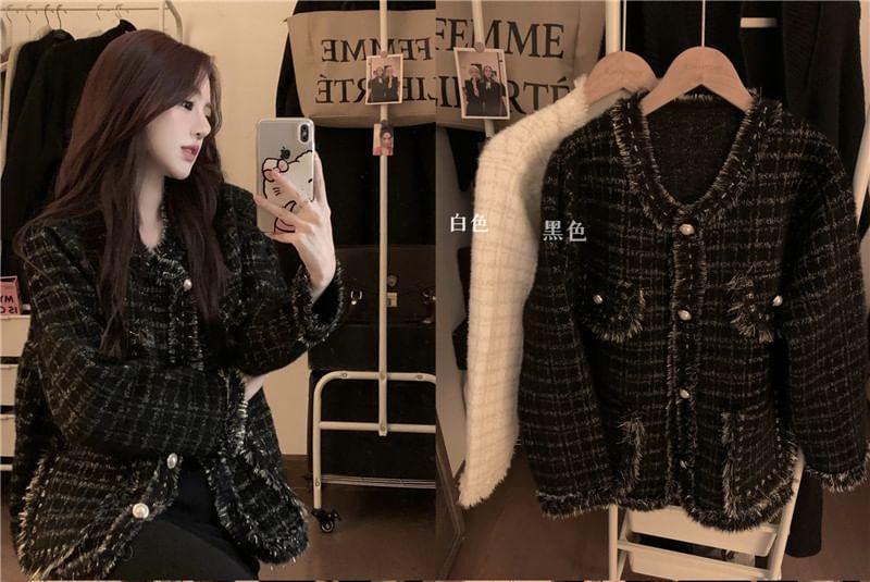 Crew Neck Plaid Fringed Faux Pearl Buttoned Jacket Product Image