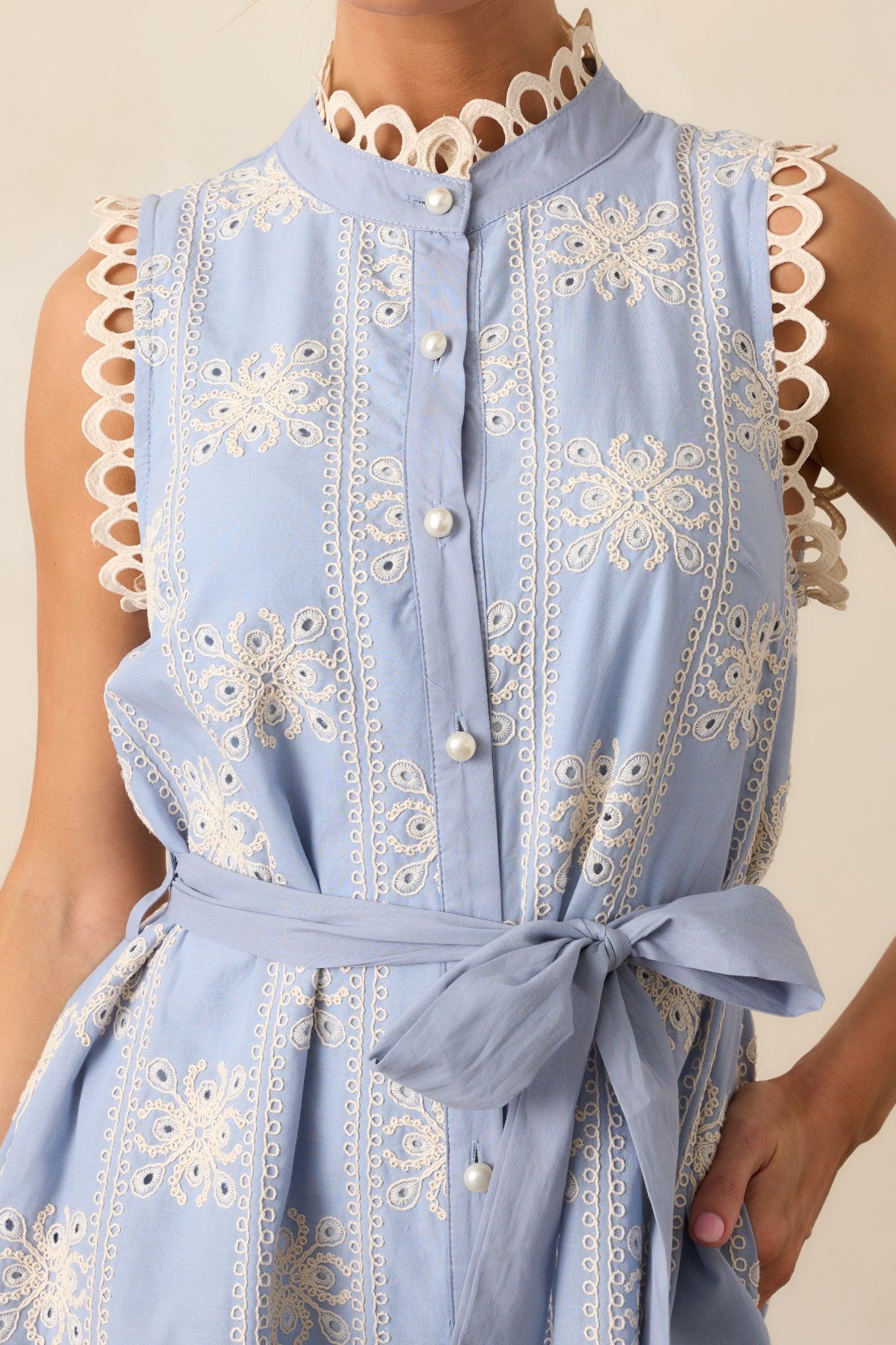 Through The Rain Cotton Sky Blue Embroidered Mini Dress Product Image