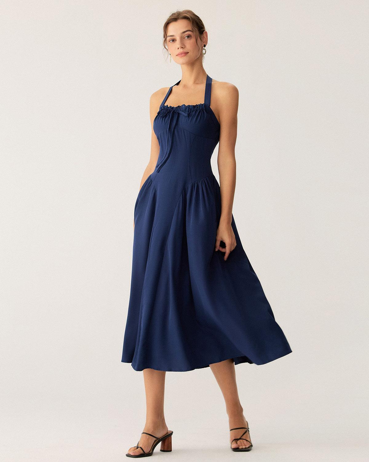 Navy Ruched Halter Midi Dress Product Image