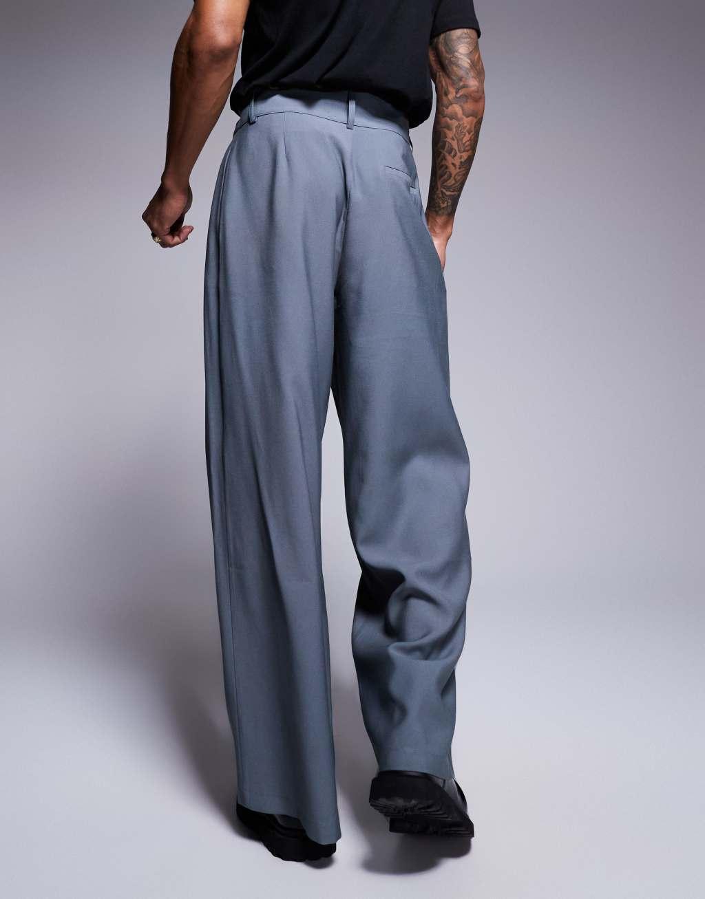 ASOS DESIGN loose fit smart pants with wide waistband in gray Product Image