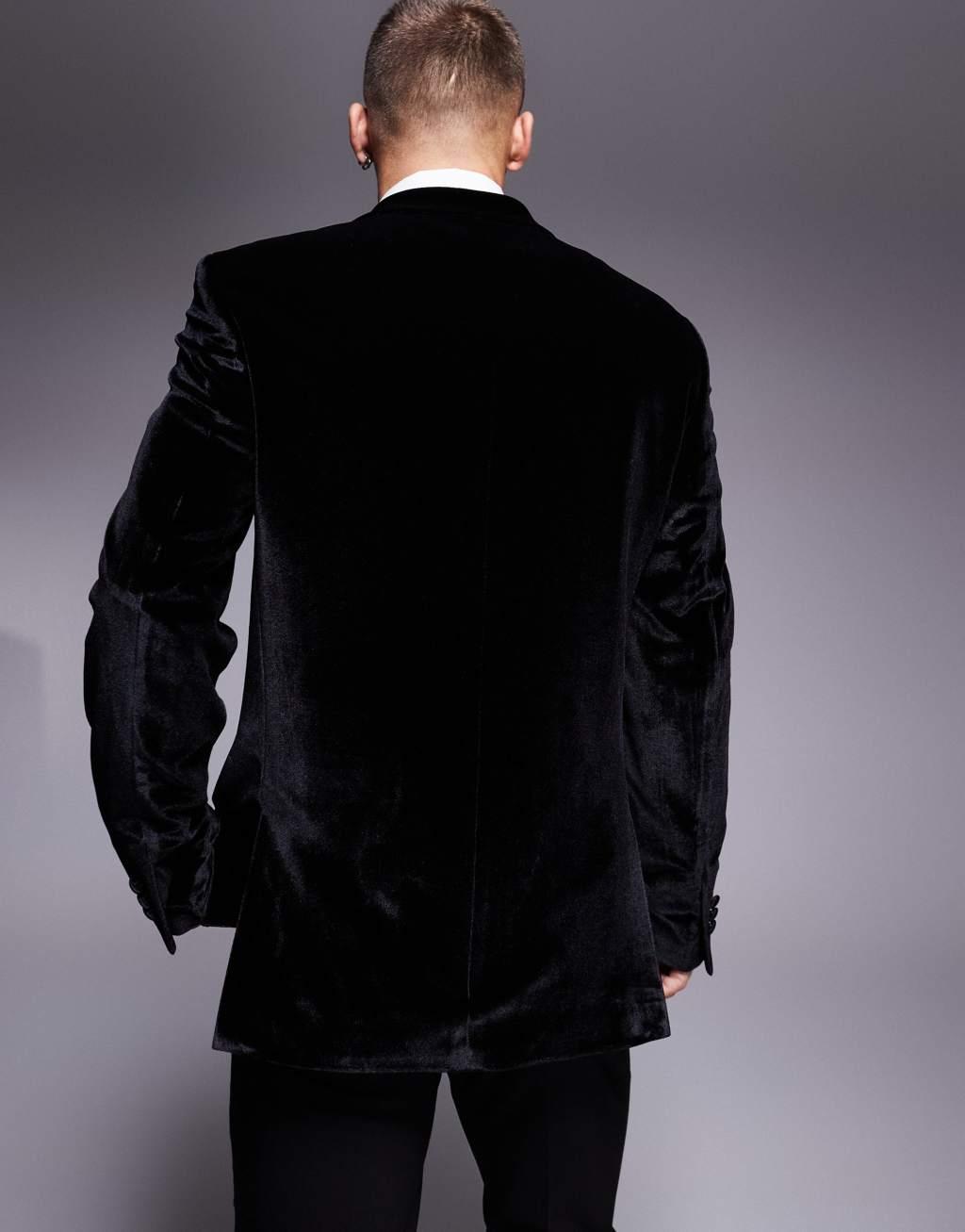  ASOS DESIGN slim double breasted tuxedo jacket in black velvet Product Image