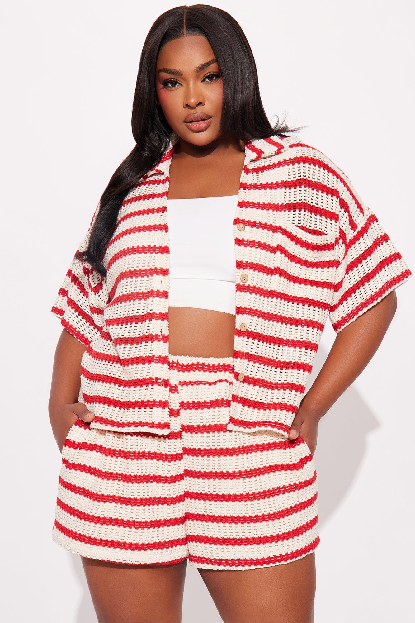 Savannah Stripe Crochet Short Set  - Red/combo Product Image