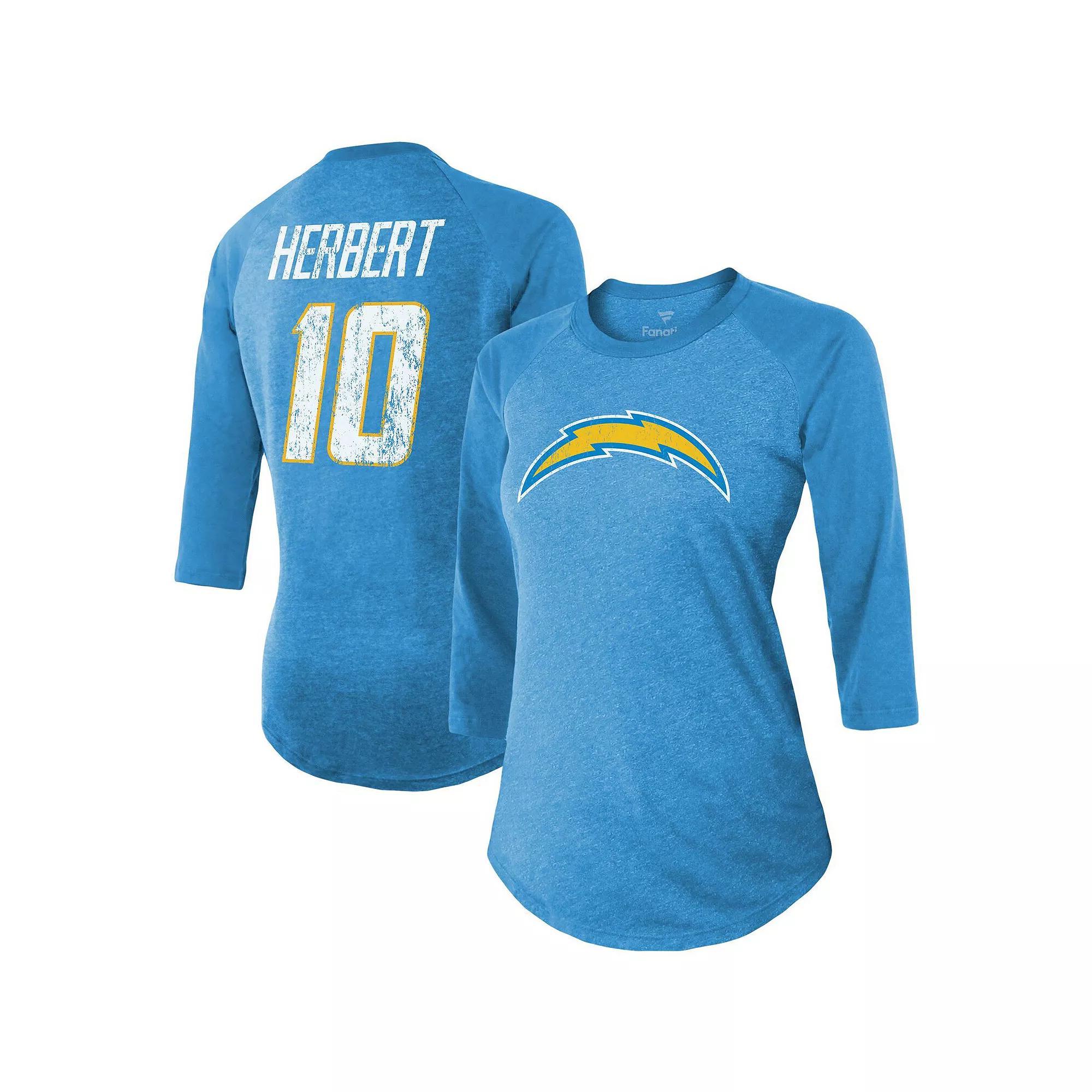 Women's Fanatics Branded Justin Herbert Powder Blue Los Angeles Chargers Team Player Name & Number Raglan 3/4-Sleeve T-Shirt, Size: Medium, Light Product Image