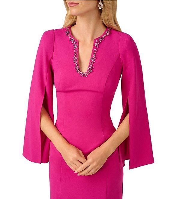 Adrianna Papell Solid Crepe Jewel Embellished Split V-Neck Long Sleeve Sheath Dress Product Image