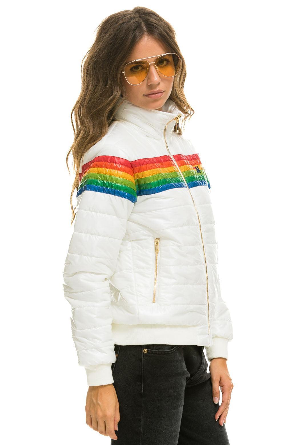 6 STRIPE RAINBOW SLEEVE JACKET -  GLOSSY WHITE Female Product Image