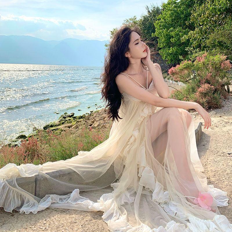 Spaghetti Strap Two-Tone Ruffled Maxi Sundress Product Image