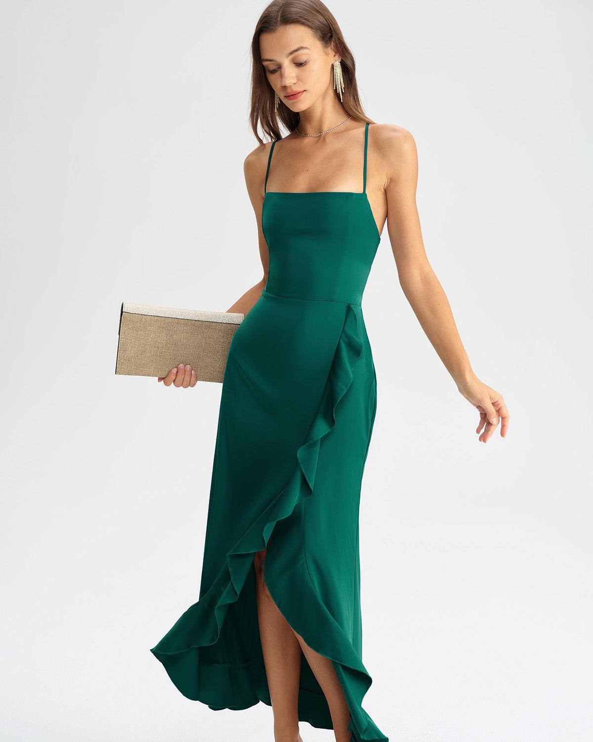 Green Ruffle Backless Slip Maxi Dress Product Image