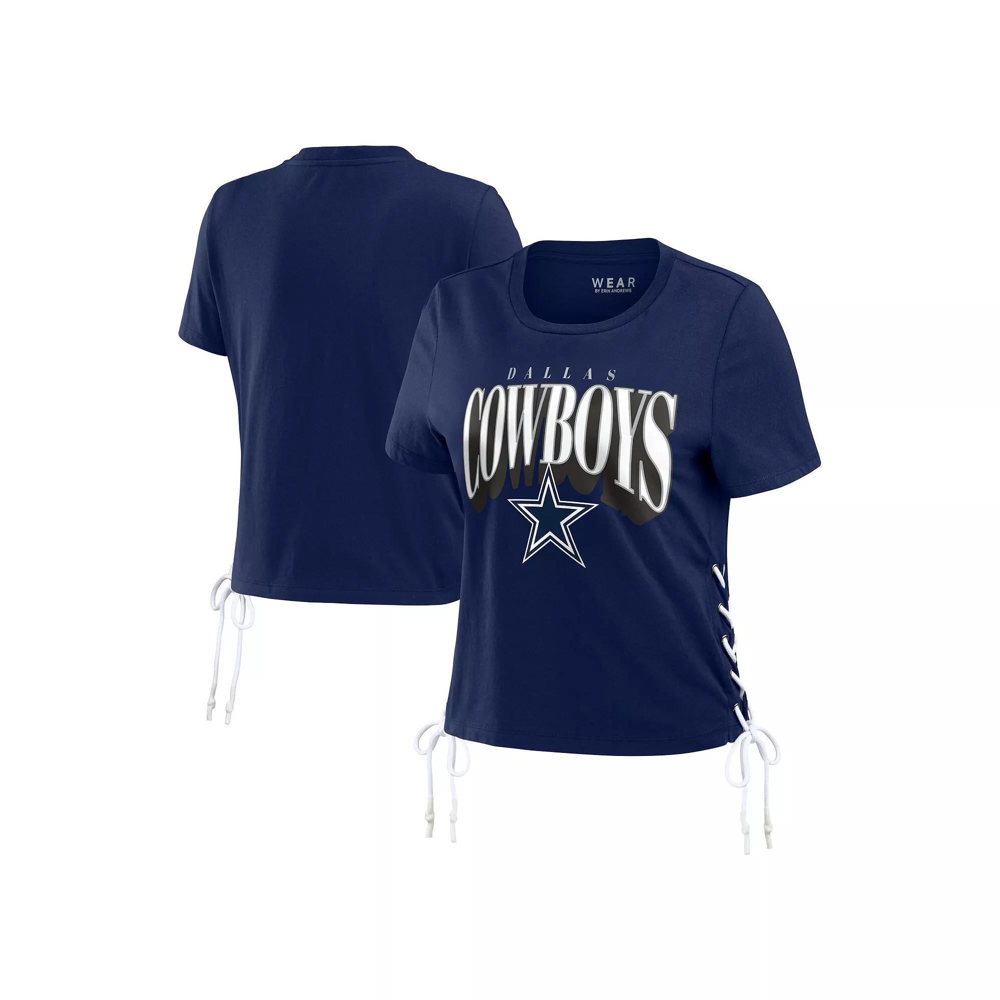 Women's WEAR by Erin Andrews Navy Dallas Cowboys Lace Up Side Modest Cropped T-Shirt,  Product Image