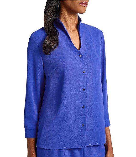 Ming Wang Crepe De Chine Collar V-Neck 3/4 Sleeve Button Front Blouse Product Image