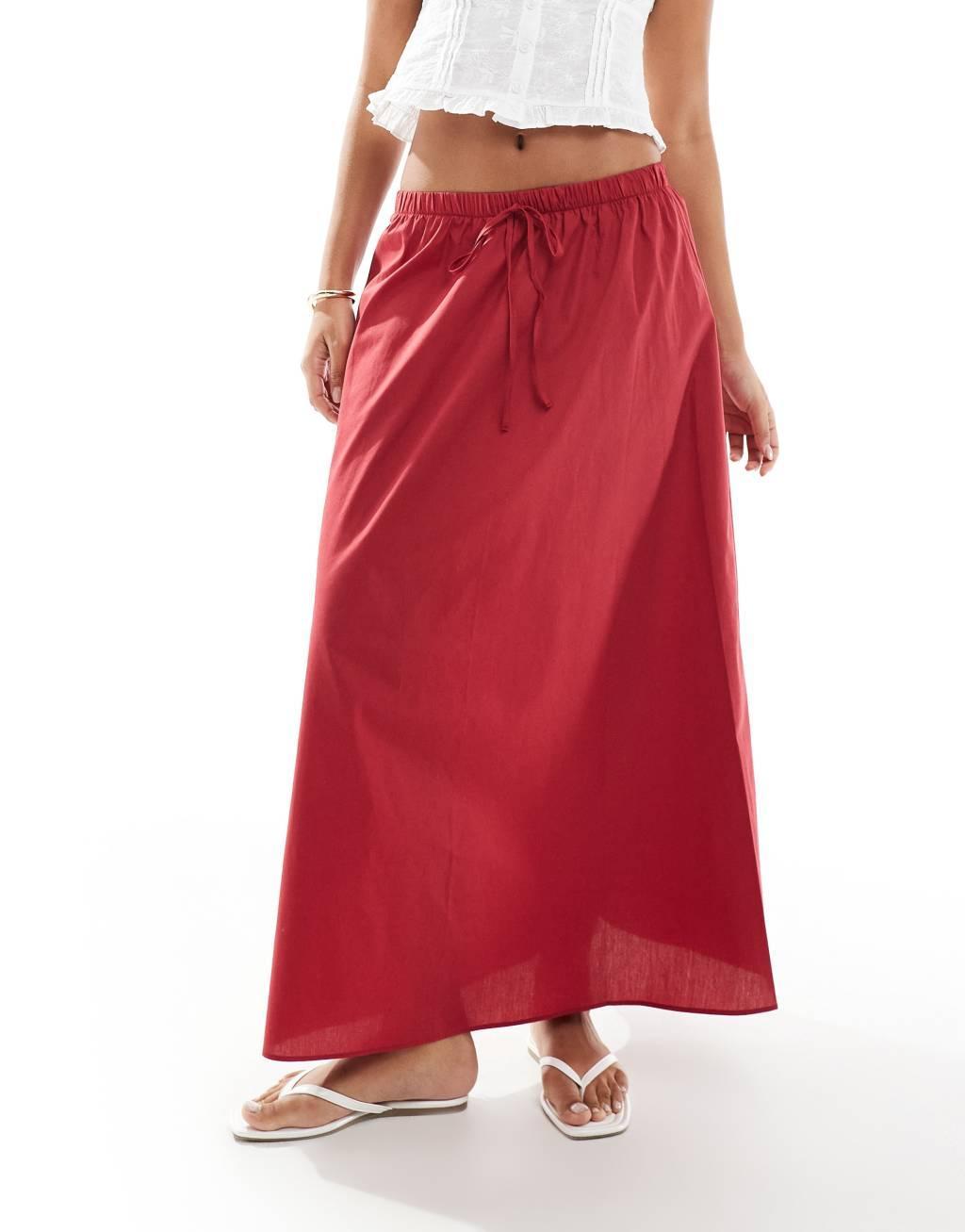 Miss Selfridge floaty drawstring waist midi skirt in cherry red Product Image