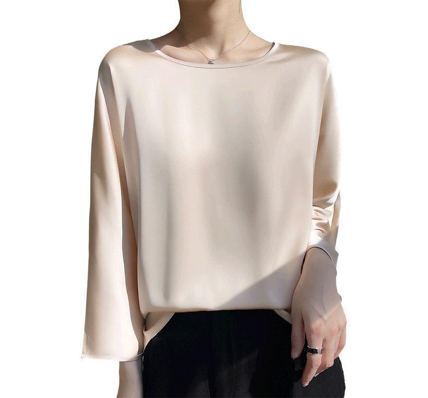 3/4-Sleeve Crew Neck Plain Blouse Product Image