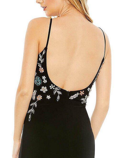 Mac Duggal Multi Color Floral Beaded V-Neck Sleeveless Open Back Detail Thigh High Slit Gown Product Image