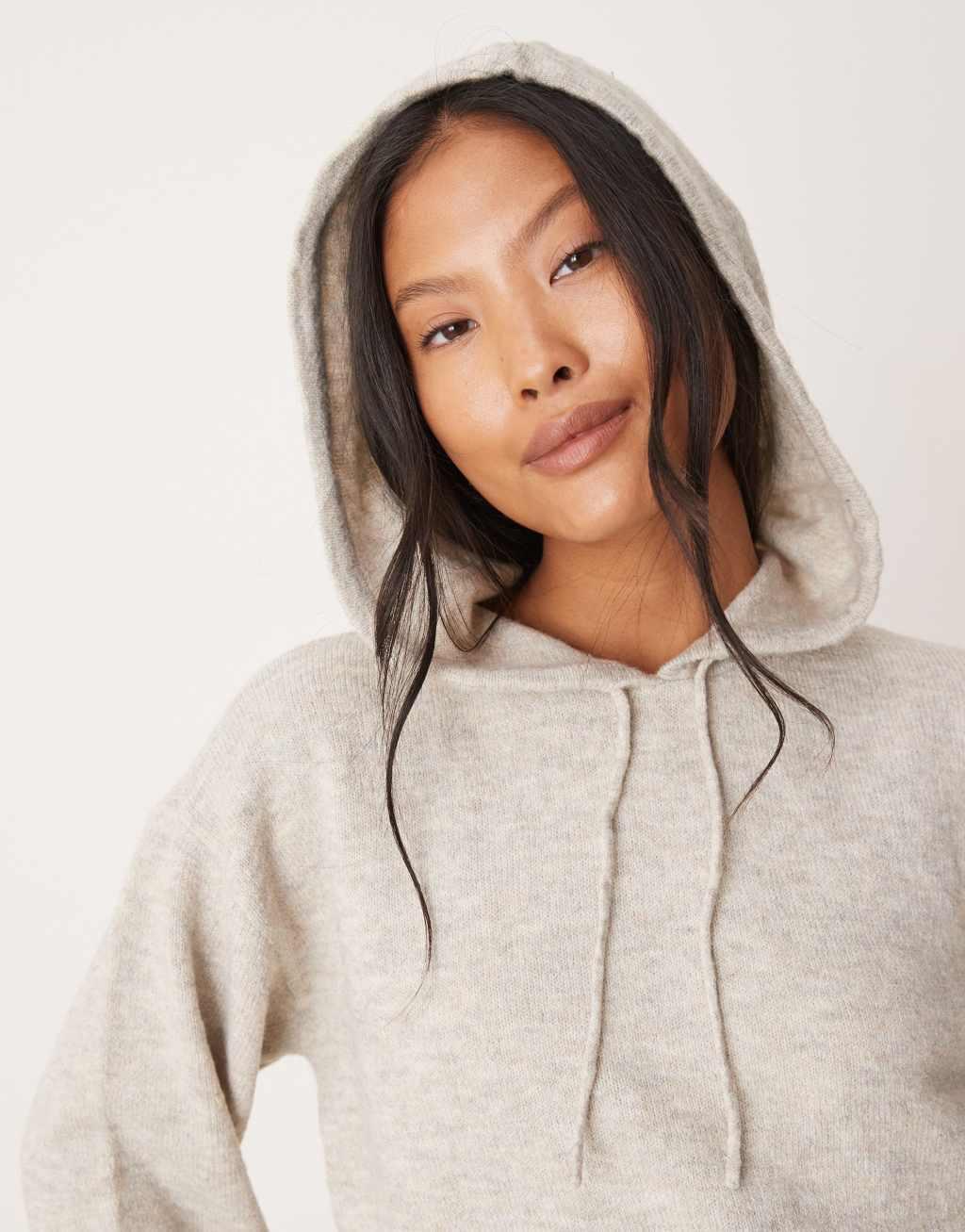 JDY Petite slouchy knit hoodie in cream - part of a set Product Image