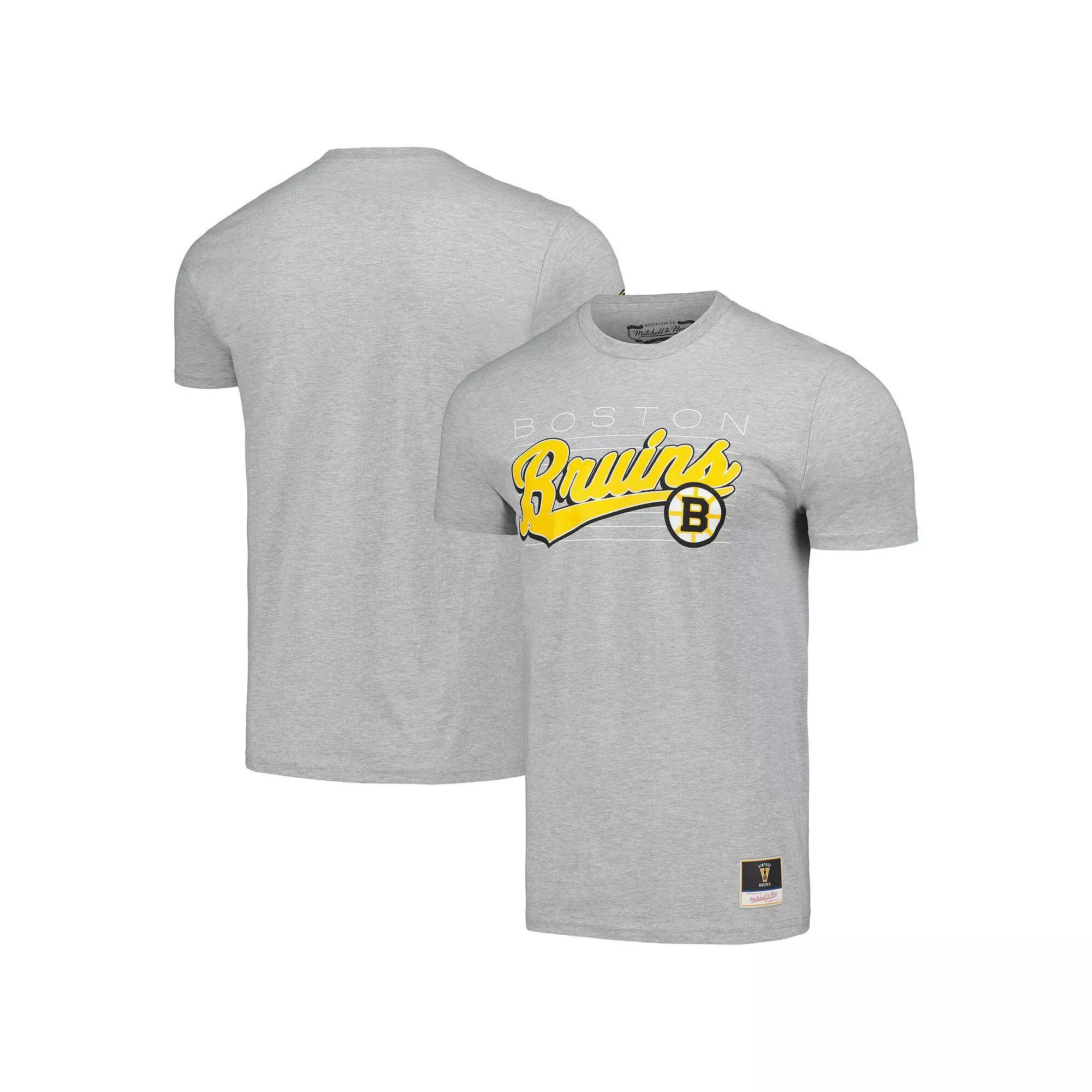 Men's Mitchell & Ness Heather Gray Boston Bruins 100th Anniversary Script Sweep T-Shirt, Size: XL, Grey Product Image