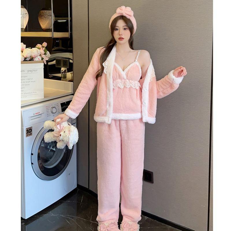 Pajama Set: Lace Trim Fluffy Trim Coral Fleece Camisole + Pants + Jacket Product Image