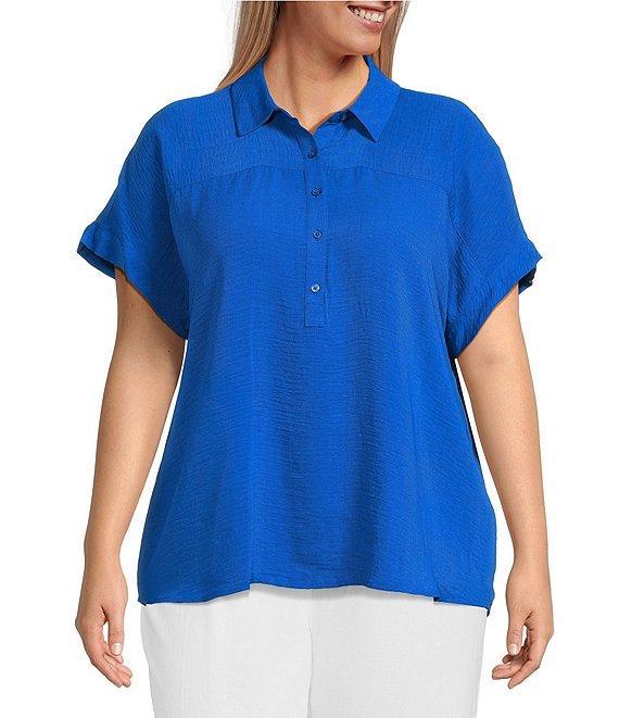 Investments Plus Size Woven Short Sleeve Point Collar Partial Button Front Top Product Image