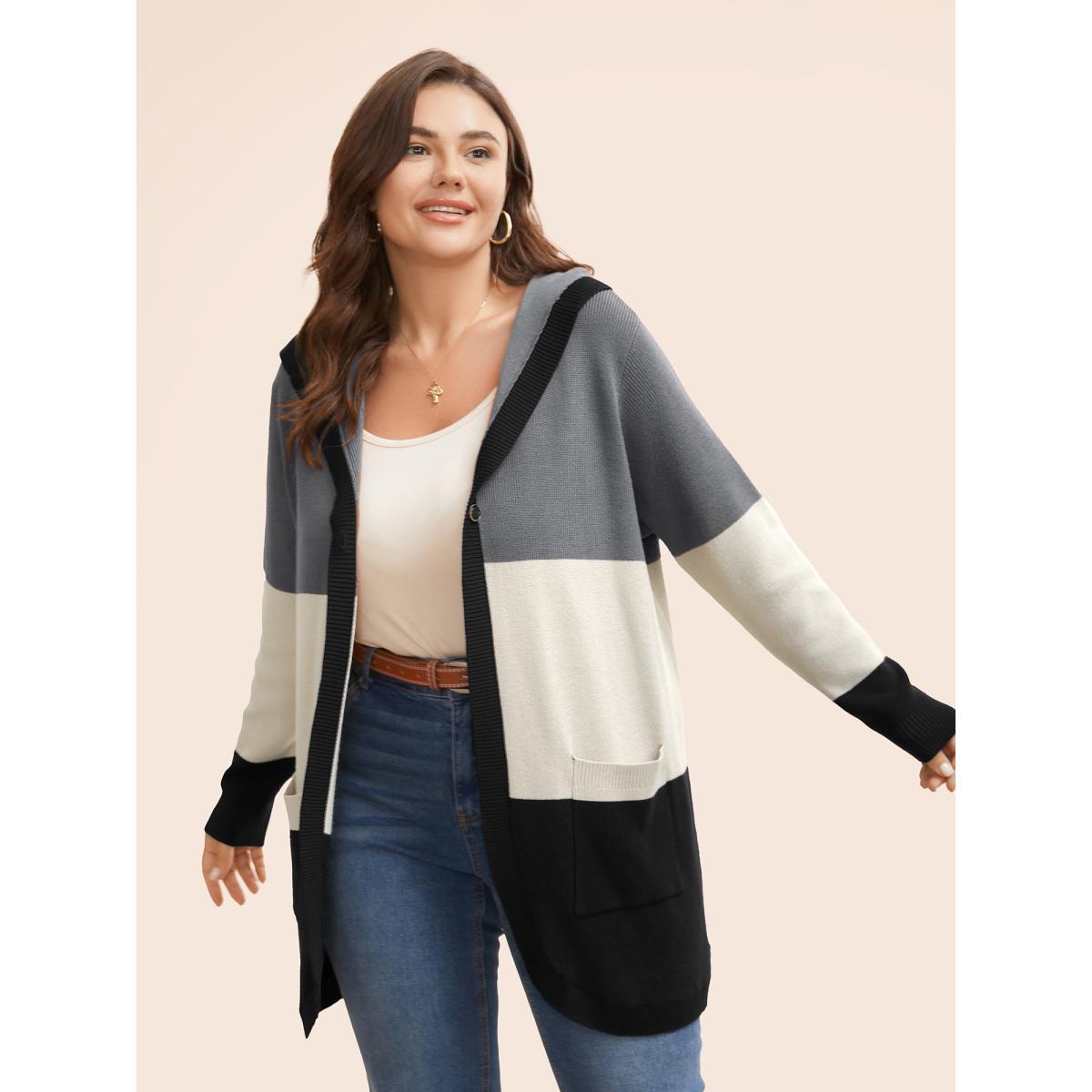 Plus Size Colorblock Contrast Patched Pocket Hooded Cardigan Mediumgray Women Casual Loose Long Sleeve Everyday Cardigans BloomChic 28/5X Product Image