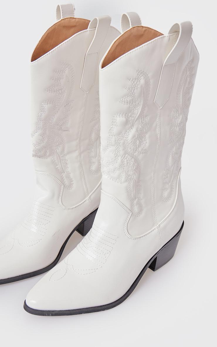 White Wide Fit Point Toe Stitching Heeled Ankle Cowboy Boots Product Image