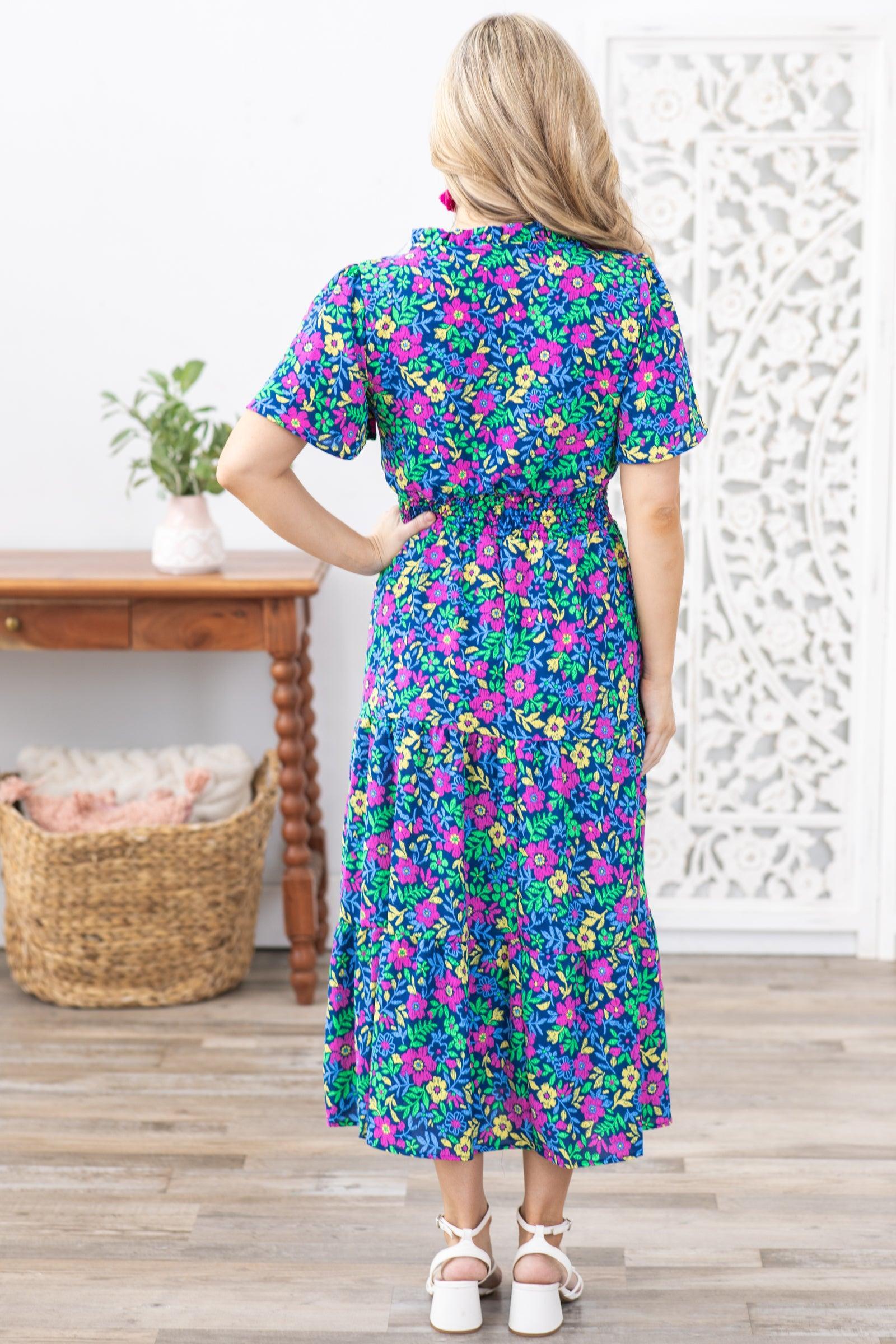 Navy Floral Notch Neck Short Sleeve Dress Product Image