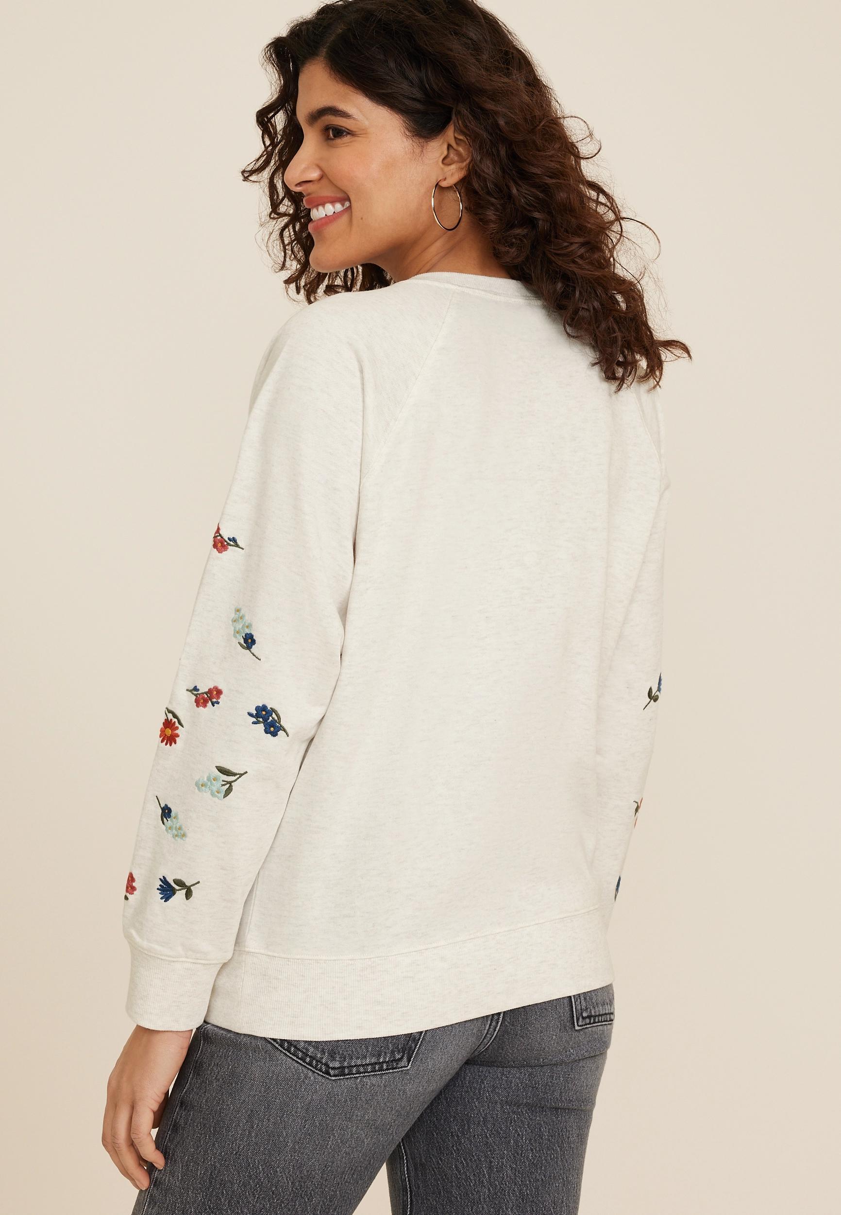 Embroidered Floral Sleeve Relaxed Fit Sweatshirt Product Image