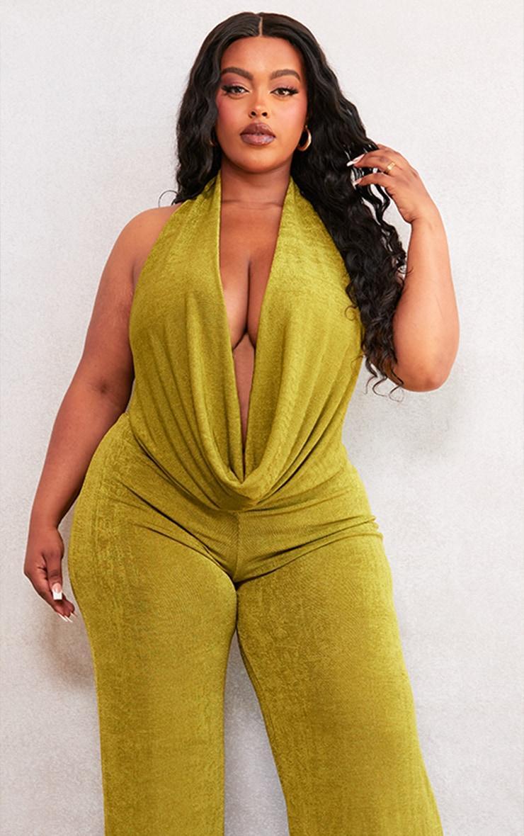 Plus Olive Acetate Slinky Plunge Jumpsuit Product Image