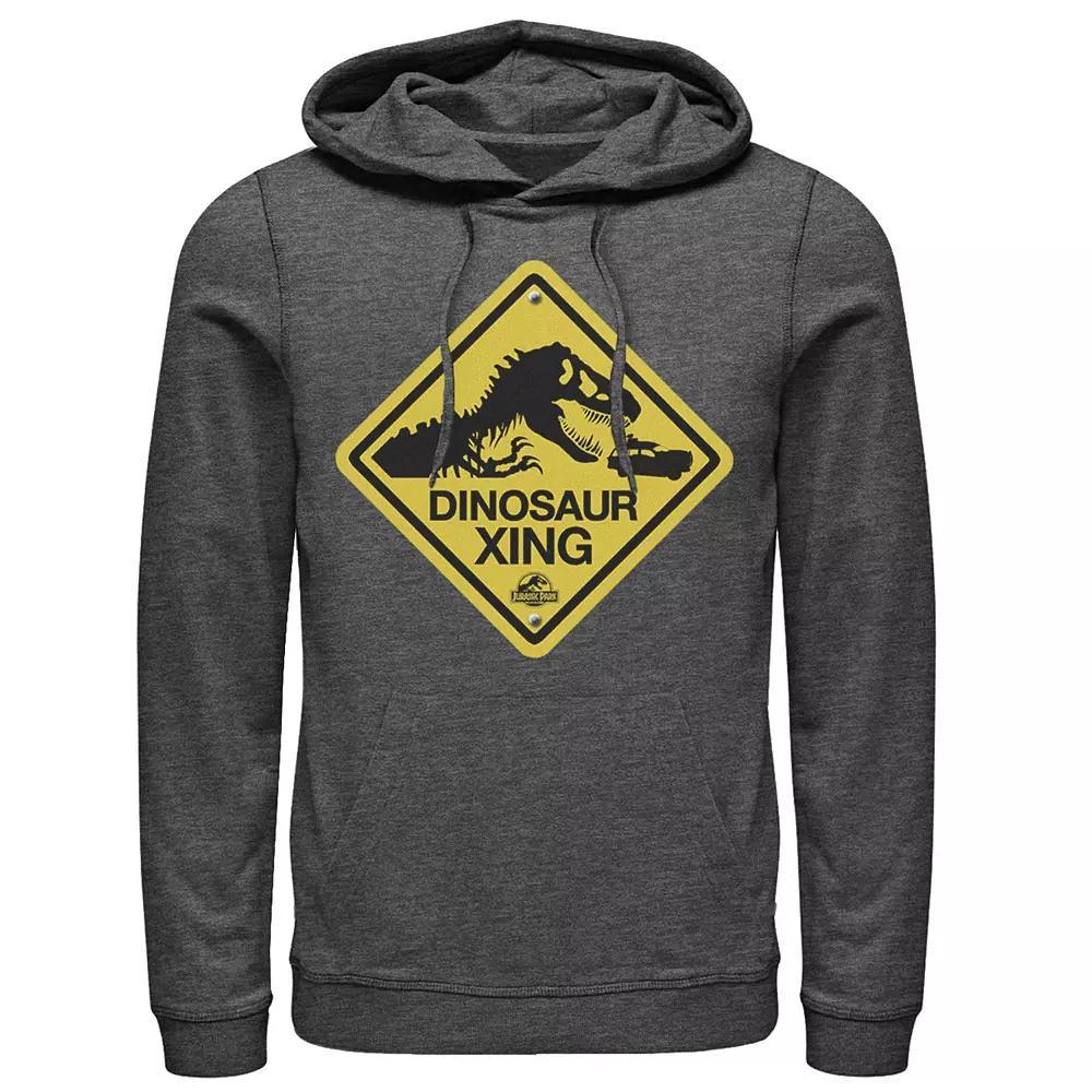 Men's Jurassic Park Dinosaur Crossing Yellow Sign Pullover Hoodie, Size: 3XL, Blue Product Image